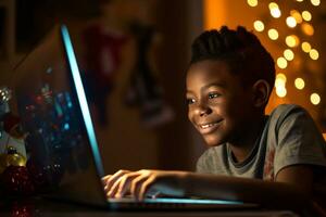 frente ver de africano americano chico jugando juego en digital tableta a comida mesa en cocina a hogar generativo ai foto