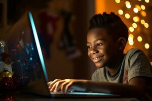 Front view of African American boy playing game on digital tablet at dining table in kitchen at home Generative AI photo