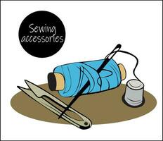 conjunto de de coser accesorios para costura y de coser. carrete de hilo con aguja, dedal para modista. vector