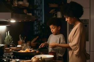 madre hijo cocinar. generar ai foto