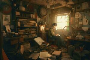 Man busy desk documents illustration. Generate Ai photo