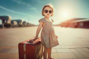 Little girl trip suitcase. Generate Ai photo