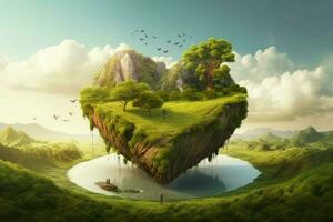 Heart island levitating. Generate Ai photo