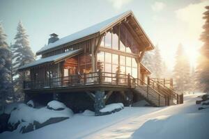Norwegian timber cabin. Generate Ai photo