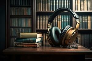 auriculares biblioteca antiguo audio libros. generar ai foto