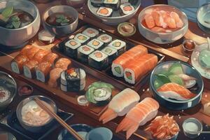 Japanese sushi table. Generate Ai photo