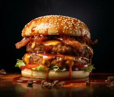 Double hamburger isolated on Black background ai generative photo