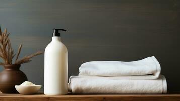 Towels with shampoo, conditioner, shower milk and handmade soap on neutral background. Spa concept AI Generative photo