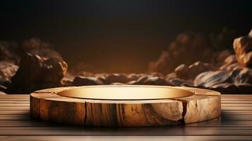 3d rendered wooden and golden Luxury Empty stage for product podium and stone wall background AI Generative photo
