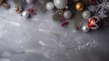 Christmas ornaments with gift boxes , fir and copy space photo