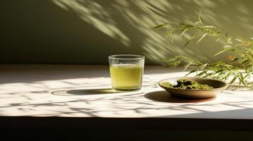 plano laico taza de té y natural hierbas hojas ai generativo foto