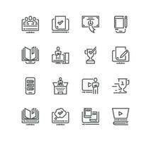 Set of online education related icons, online course, audio book, distance study, video tutorial, lecture, education plan and linear variety vectors. vector