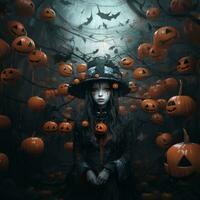 abstract gothic woman figure with pumpkins neural network  AI Generative photo