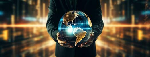 Businessman hold global business earth in his hands ai generative photo