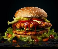 Double hamburger isolated on Black background ai generative photo