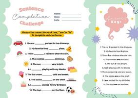 flat design vector sentence completion challenge printable worksheet for kids activity