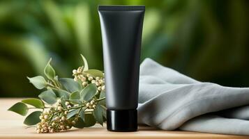 black skin care bottle product and flower on neutral background AI Generative photo