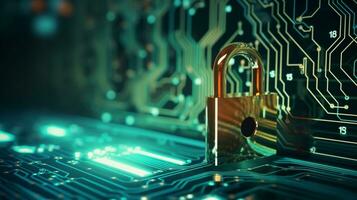 tech background with padlock on circuit modern safety cybersecurity concept ai generative photo