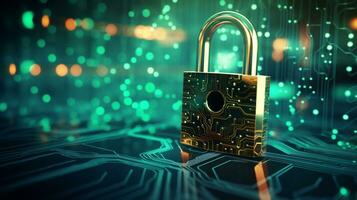 tech background with padlock on circuit modern safety cybersecurity concept ai generative photo