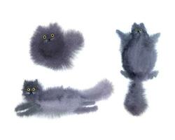 Set of 3 hand drawn watercolor cats. Cute fluffy black watercolor cats. vector