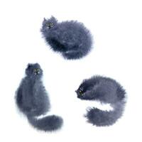 Set of 3 hand drawn watercolor cats. Cute fluffy black watercolor cats. vector