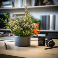 Vibrant bouquet of fresh red flowers with lenses on table AI Generative photo