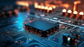 Closeup of electronic circuit board with cpu microchip electronic components background ai generative photo