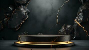 3d rendered Black Empty stage for product podium and stone wall background AI Generative photo