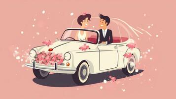 The bride and groom behind the wheel of retro car Wedding, Generative AI photo