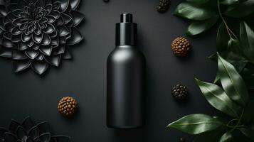 black skin care bottle product and flower on neutral background AI Generative photo