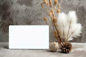 Tres ramas seco flores blanco algodón flor en rústico de madera mesa, generativo ai foto