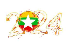 2024 Year in grunge style with flag of Myanmar. vector