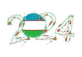 2024 Year in grunge style with flag of Uzbekistan. vector