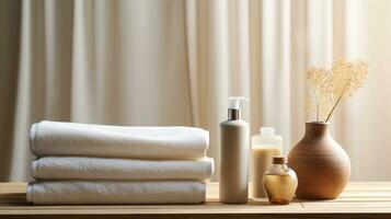 Towels with shampoo, conditioner, shower milk and handmade soap on neutral background. Spa concept. AI Generative photo