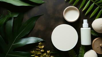 top view of cream with flowers on neutral background. Spa concept AI Generative photo