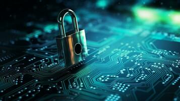 tech background with padlock on circuit modern safety cybersecurity concept ai generative photo