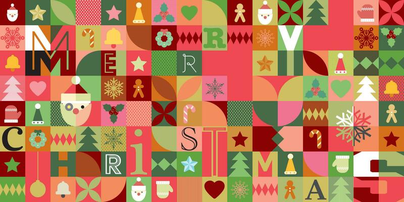 Merry Christmas and colorful Christmas elements in mosaic punchy style vector illustration.