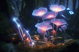 A bioluminescent alien crystal forest with flowers, bioluminescent carnivorous plants, AI Generative photo