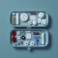 First aid kit top view on a blue background. Pills, plaster, thermometer, bandage, are laid out nearby, 3d render, AI Generative photo