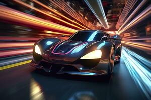 Fast Shutter Speed Creates Dynamic and Action Packed Image of Futuristic Car. AI Generative photo