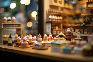 un gusto de dulzura. un popular mercado caja ciega pastel tienda con un limpiar antecedentes. ai generativo foto