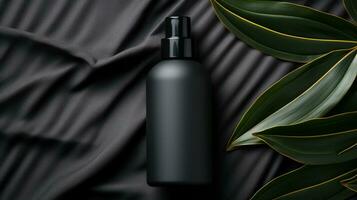 black skin care bottle product and flower on neutral background AI Generative photo