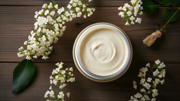 top view of cream with flowers on neutral background. Spa concept AI Generative photo