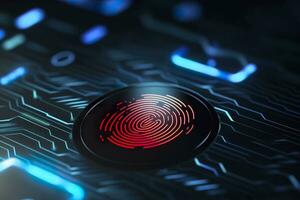 Fingerprint Authentication Button. Biometric Security. Identification and cyber security concept. Glowing neon fingerprint on dark background. AI Generative photo