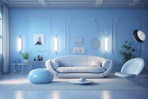 A professional and eye catching light blue with white living room in the metaverse.  AI Generative photo