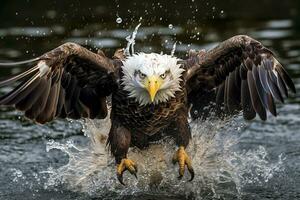 Fishing Bald Eagle, a bald eagle facing camera catches a fish out of the water, in the style of National Geographic contest winner, super telephoto close up. AI Generative photo