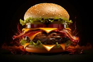 Double hamburger isolated on Black background ai generative photo