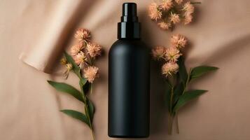 black skin care bottle product and flower on neutral background AI Generative photo