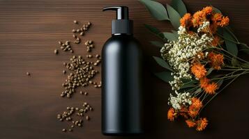 black skin care bottle product and flower on neutral background AI Generative photo