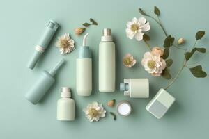 Fresh floral skincare concept. Top view flat lay of pump bottle, pipette, cream bottles, and tubes with flowers on pastel blue background with an empty circle for text or branding. AI Generative photo